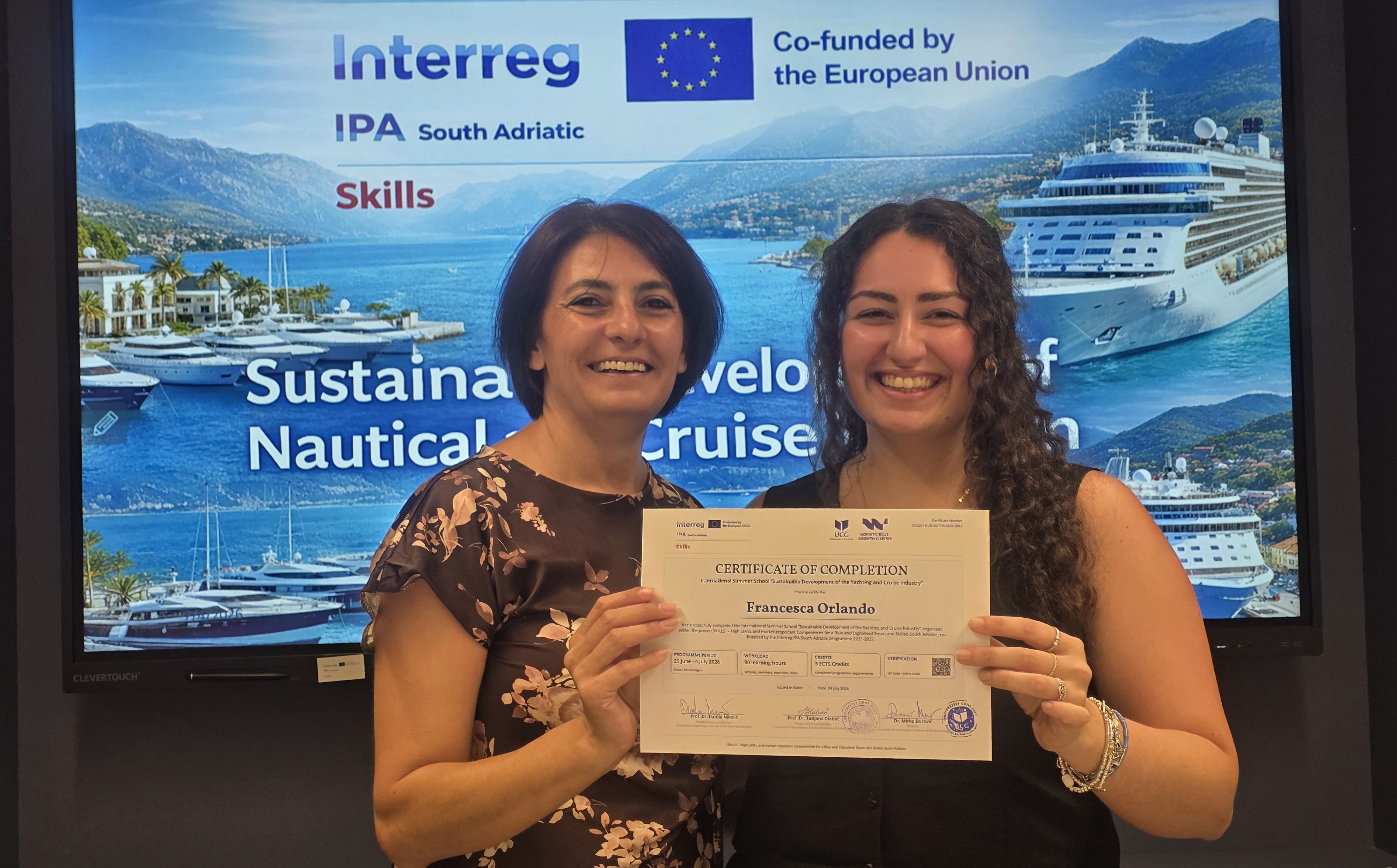 Interreg Skills, Francesca Orlando Recognised as Best Graded Student of the Kotor Summer School